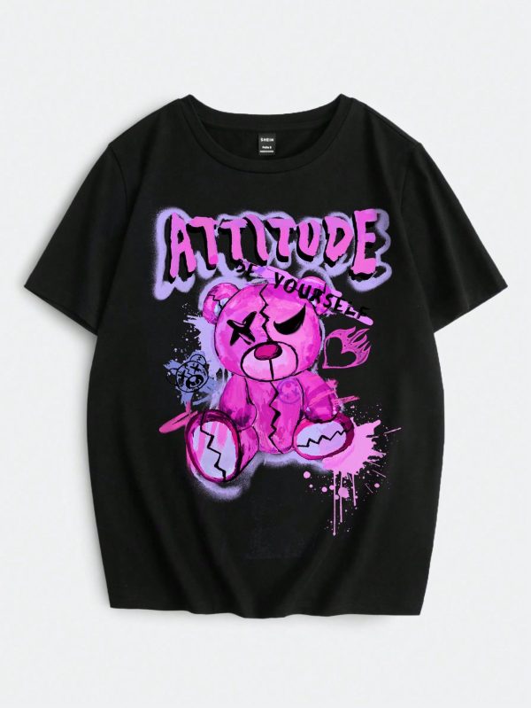 Casual Stylish Cartoon Bear & Letter Pattern Plus Size Round Neck Short Sleeve Loose T-Shirt For Plus Size Women, Suitable For Summer