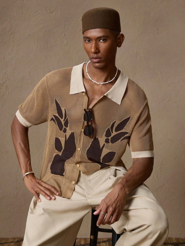 Men's Crochet Brown Floral Knit Casual Loose Fit Short Sleeve Knitted Shirt, Suitable For Summer, Vacation, Everyday Wear, Party, Couples, Gift