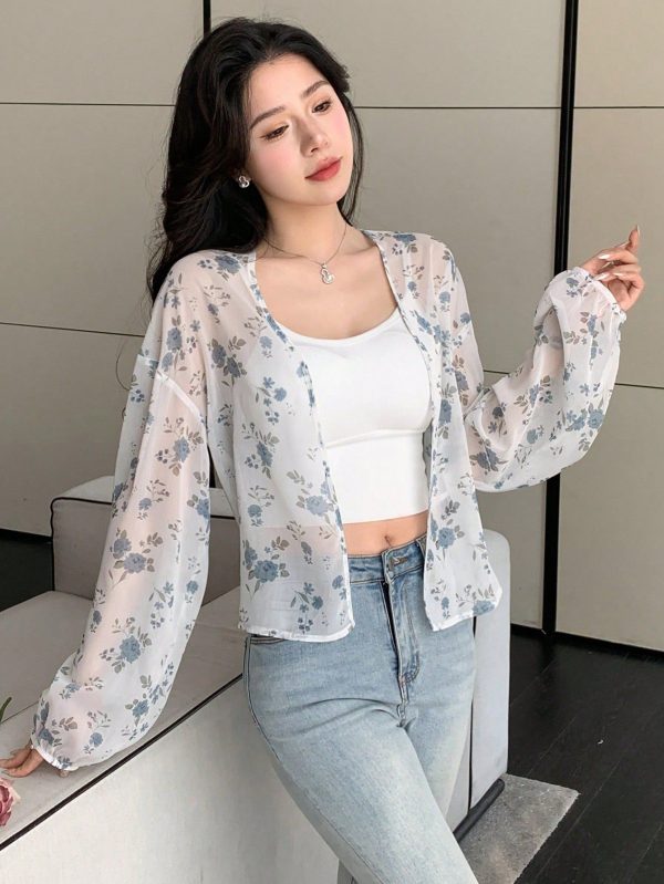 Floral Print Open Front Loose Long Sleeve Ladies' Shirt Summer