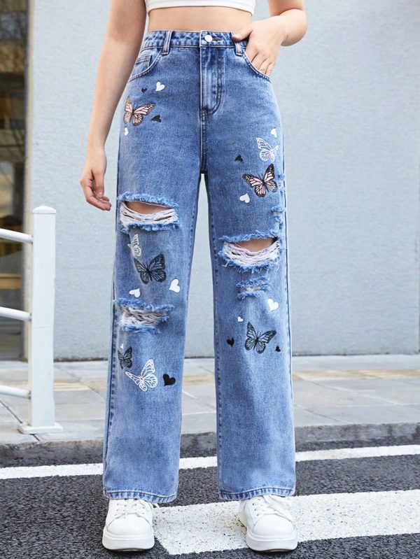 Teen Girls Butterfly Print Ripped Straight Leg Jeans