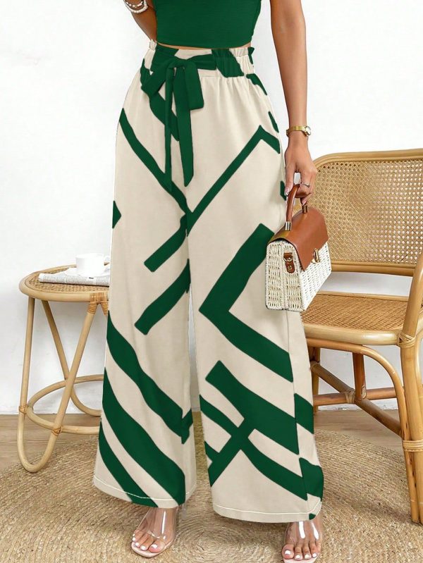 Women's Colorblock Wide Leg Pants With Tie Bow For Spring/Summer