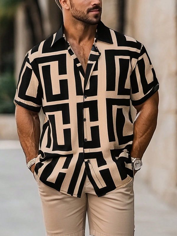 Men's Fashion Button Down Short Sleeve Shirt With Contrast Design, Casual, Versatile, Suitable For Daily Wear, Commuting, Street Style, Summer