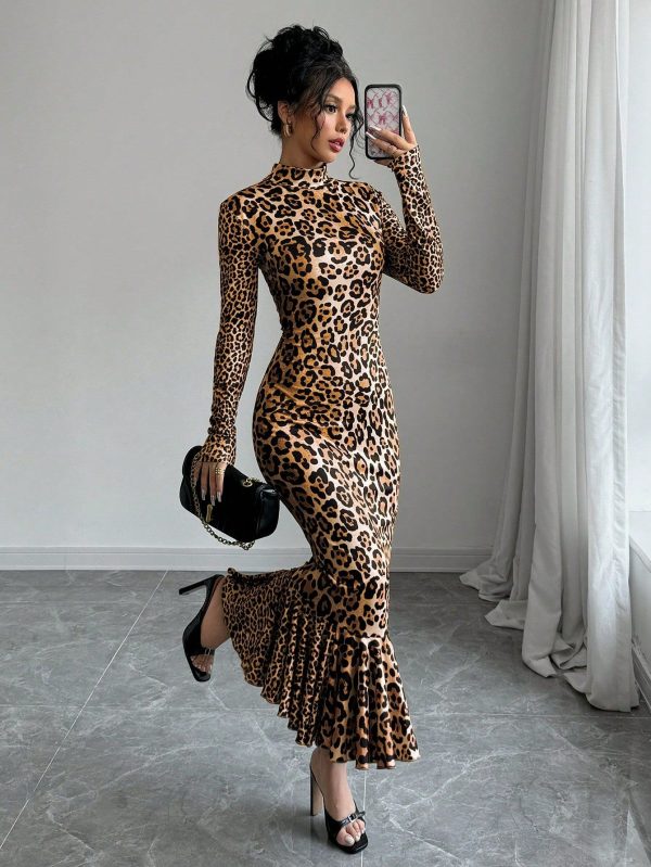 Leopard Print Elegant Charming Long Sleeve Fitted Mermaid Hem Long Dress, Autumn/Winter Maxi Women Outfit