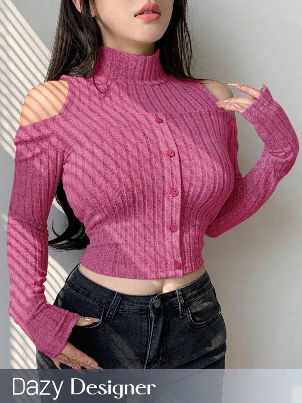 Women's Stand Collar Ribbed Off Shoulder Long Sleeve T-Shirt