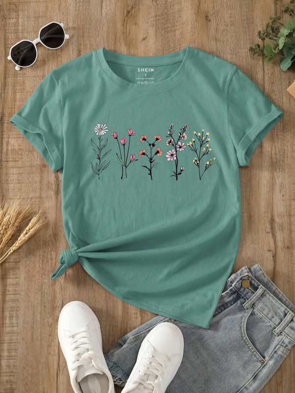 Floral Print Short Sleeve T-Shirt Graphic Tees Women Tops