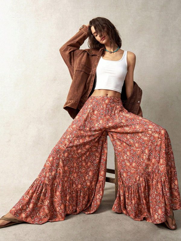 Women's Vacation Floral Print Wide Leg Loose Pants With Ruffled Hem