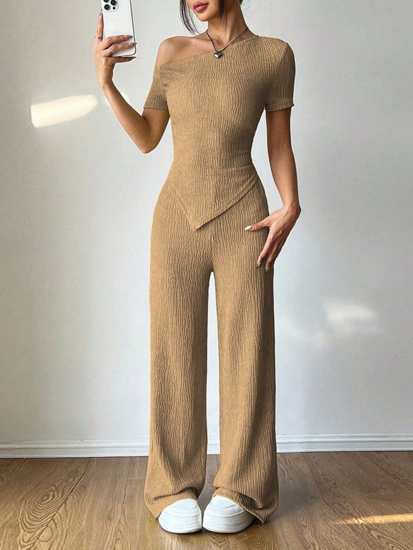 2pcs Set: Asymmetrical Shoulder Casual T-Shirt + Wide Leg Low Waist Pants, Homewear