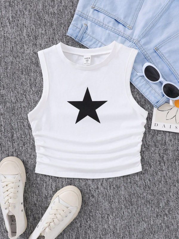 Teen Girl Knitted Solid Color Star Pattern Ruched Casual Top