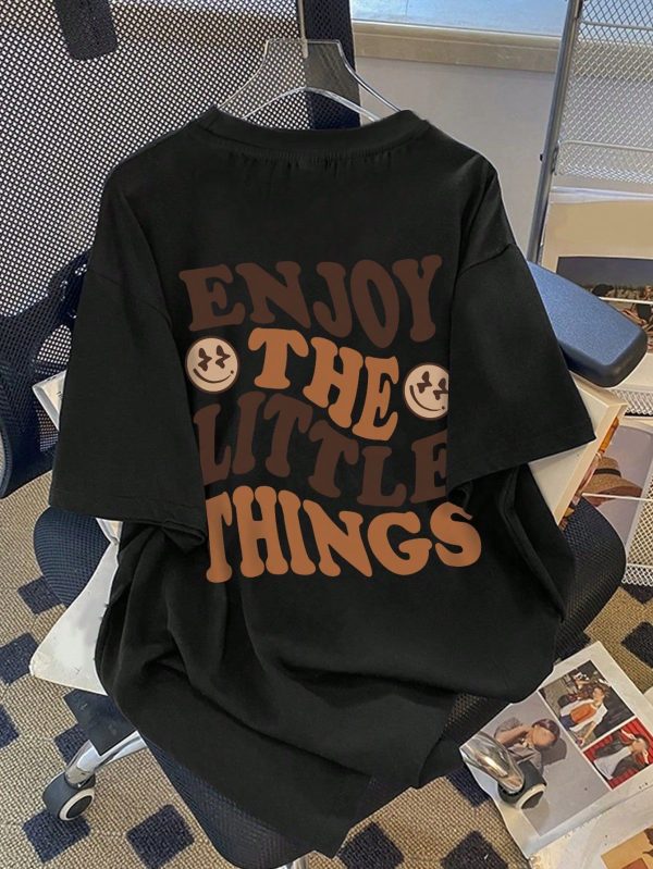 Teen Girl Casual Simplistic Cartoon Smiling Face & Letter Print Oversized Black Knit Short Sleeve Crew Neck T-Shirt, Suitable For Teen Girls Back To School Summer Clothes