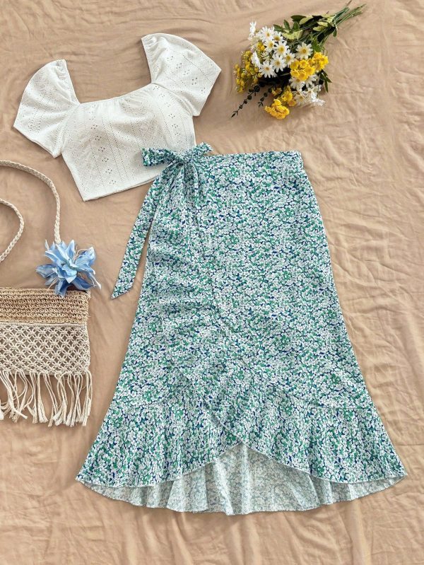 WYWH Women Vacation Spring Break White Top Solid Crop Top & Ditsy Floral Print Wrap Skirt Set