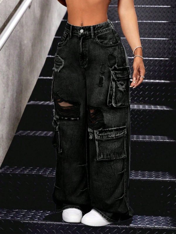 Women Hole Ripped Baggy Wide-Leg Casual Denim Jeans With Pockets, Ladies Button, Pocket, Zipper Natural Wide Leg Long Black Cotton Loose Women Jeans, Spring/Fall, Casual Daily Wear