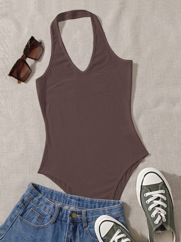 Women's Solid Color Casual Halter-Neck Bodysuit