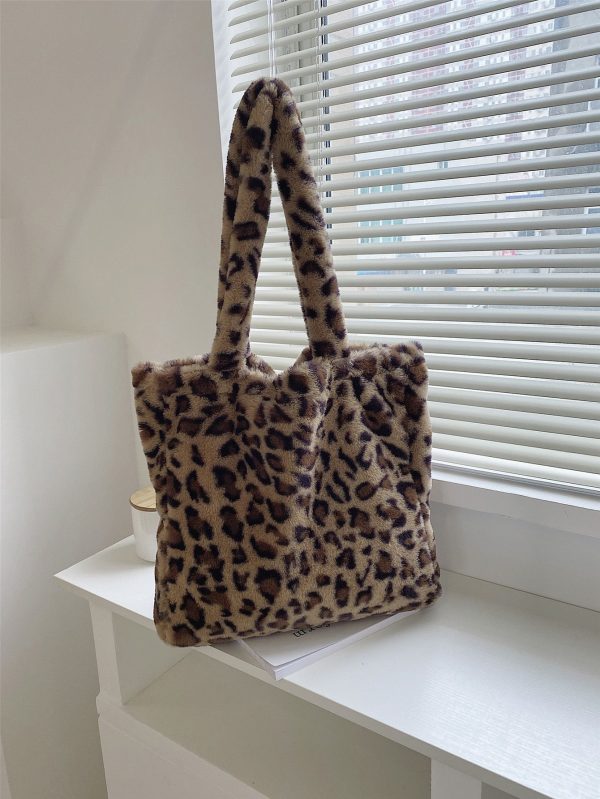Fuzzy, Soft, Plush, Fluffy Leopard Fluffy Tote Bag For Girls, Women, College Students, Rookies & White-Collar Workers For Work, Office, Commute, For Autumn & Winter, Warm Winter, Outdoors, Leopard Print Bag