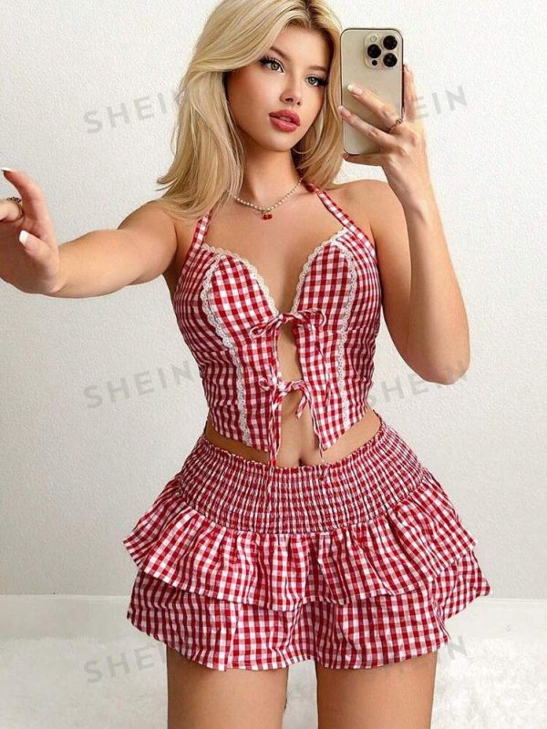 Sweetina Y2k Halter Neck Tie-Up Going Out Plaid Contrast Color Tank Top And Multi-Layered Mini Skirt Outfit Sets