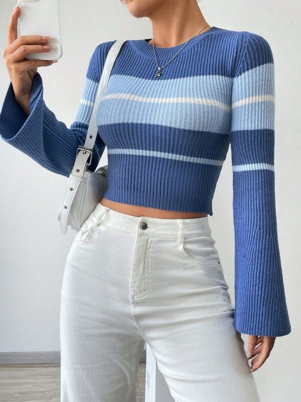 Women's Color Block Long Sleeve Cropped Sweater,Long Sleeve Tops