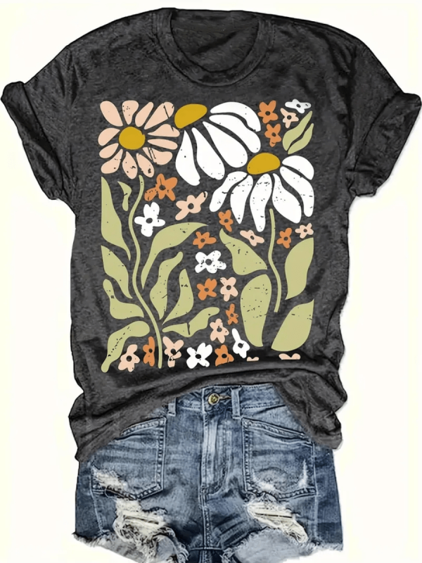 Floral Print Tight T-Shirt, Spring/Summer Casual Short-Sleeved Top, Women's Dress