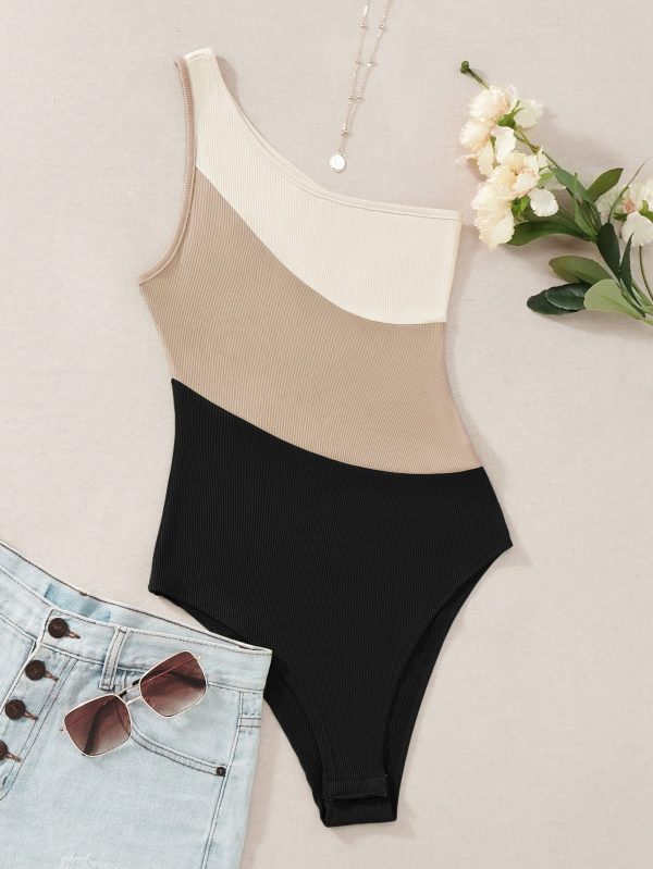 Color Block Rib-knit One Shoulder Bodysuit
