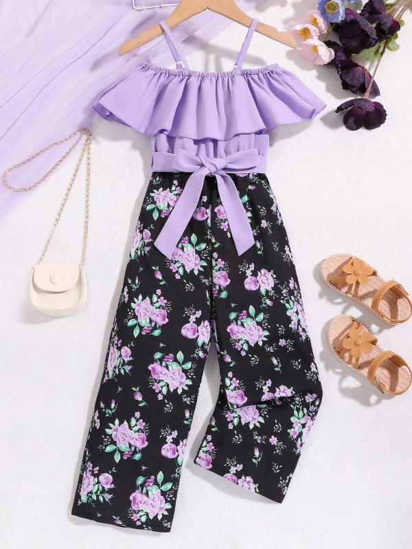Young Girl Floral Print Splice Ruffled Off-Shoulder Loose Jumpsuit With Wide Legs, Perfect For Summer Vacation Style