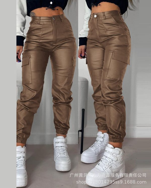 Zingj Zingj New Black PU Casual Sticker Pocket Tight Pants LZR17164 / P1LZR17164 Brown-L
