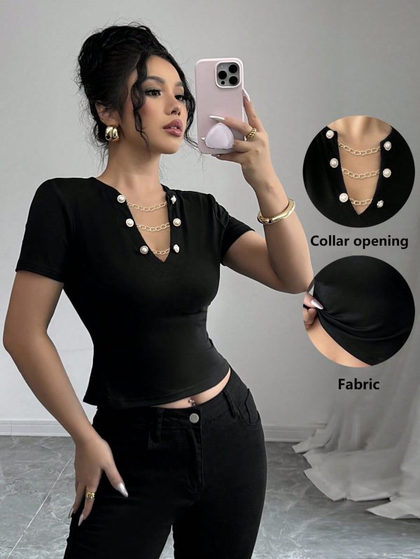 Women 3D Flower Decor Notched Neck T-Shirt, Fashion For Summer