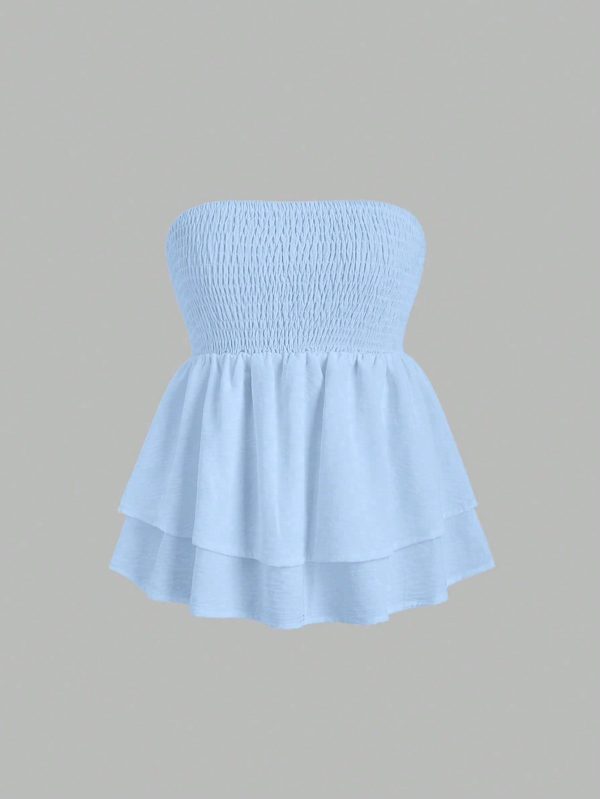 Summer Casual Solid Color Ruffle Hem Bandeau Top Y2K Outfit