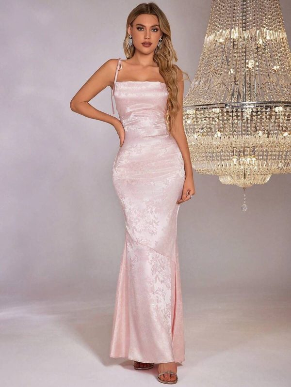 PARTHEA Backless Crisscross Tie Up Jacquard Satin Long Dress