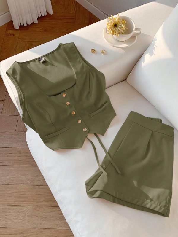 2pcs Women Summer Casual Army Green Sleeveless Top & Shorts Set