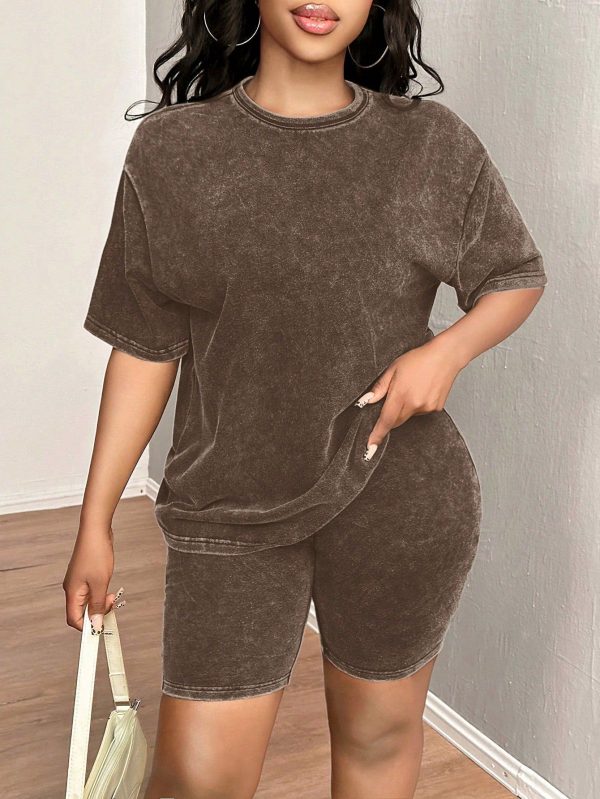 Plus Size Summer Casual Washed Short Sleeve T-Shirt And Shorts Set