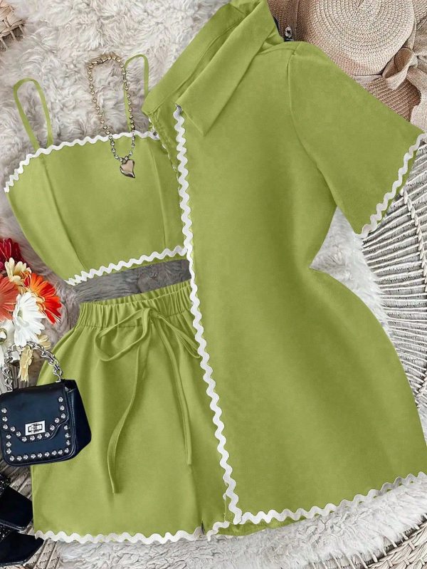 3Pcs Women Webbing Patchwork Short Sleeve Shirt, Camisole And Shorts Set