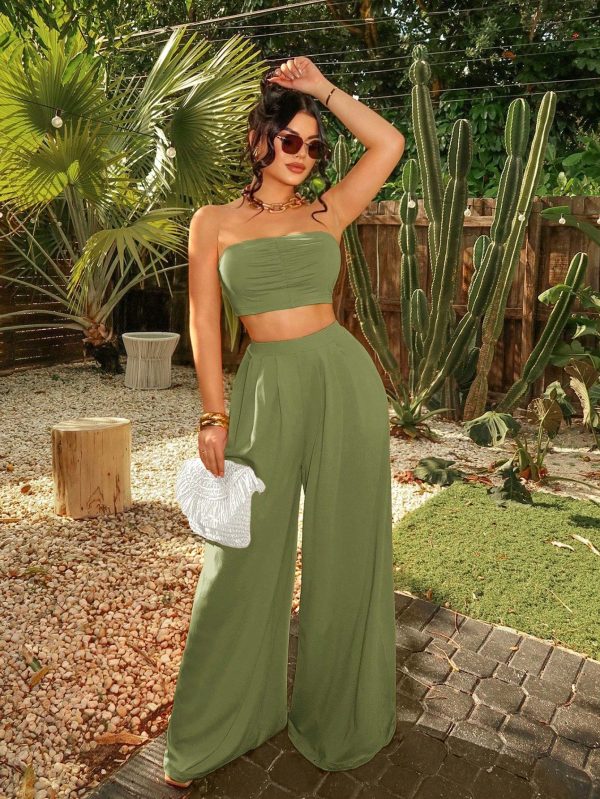 Women Fashionable Ruched Strapless Wide Leg Pants Set Summer Vacation Holiday Beach BOHO Sexy