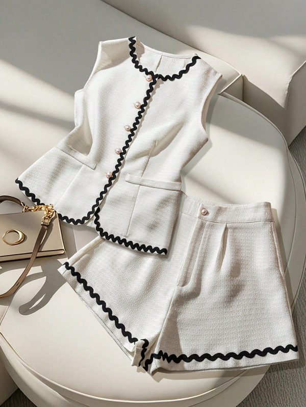 Casual Elegant Lace Trim Fitted Round Neck Sleeveless Top And High Waist Wide Leg Shorts 2 Pieces Set, Apricot Thin Version, Summer