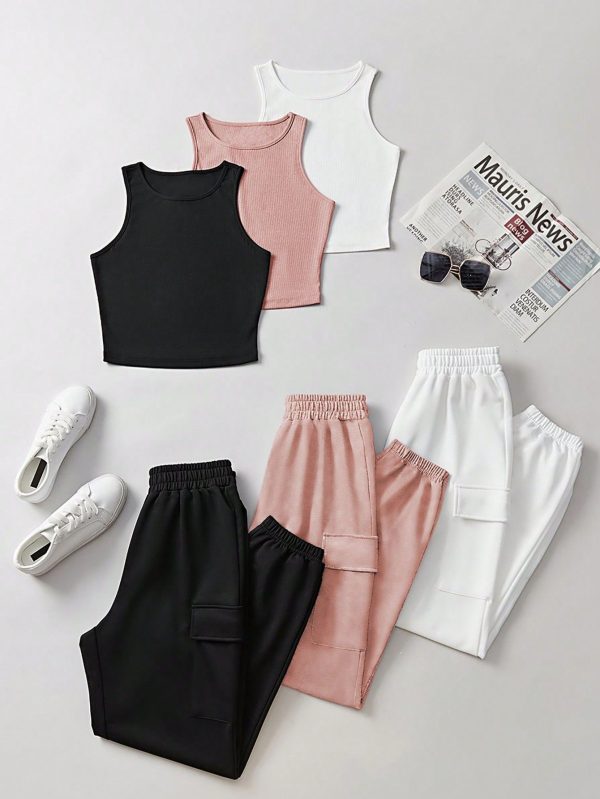 Summer Casual Tank Top With Round Neckline And Cuffed Joggers With Flap Pockets