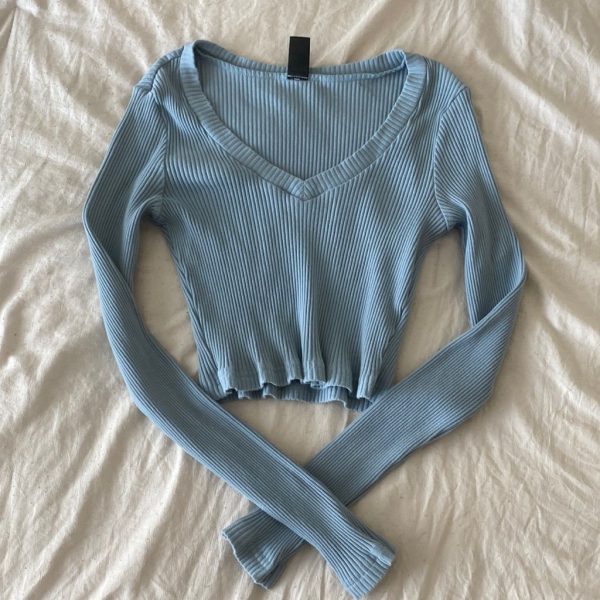 Shein Tops | Shein Cropped V-Neck Long Sleeve | Color: Blue | Size: Xs