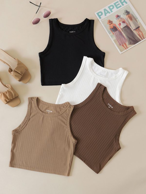 4pcs Solid Ribbed Crop Tank Top