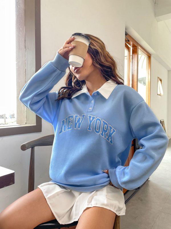 Polo Collar Drop Shoulder Letter Graphic Pullover,Long Sleeve Tops