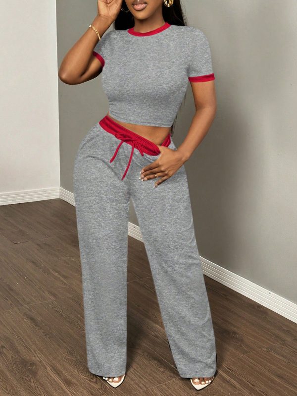 2pcs/Set Casual Contrast Color Short Sleeve T-Shirt And Pants Set, Spring/Summer