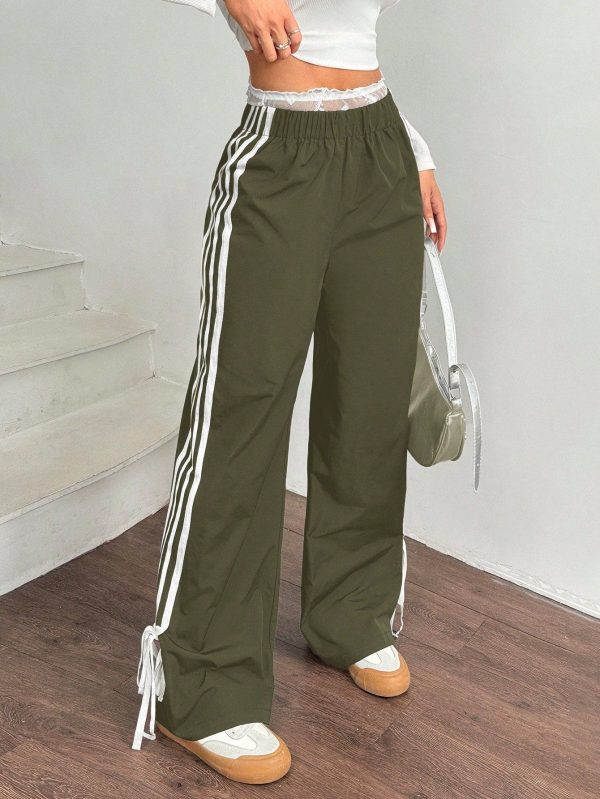 Women Black Side Contrast White Tape Elastic Waist Pants