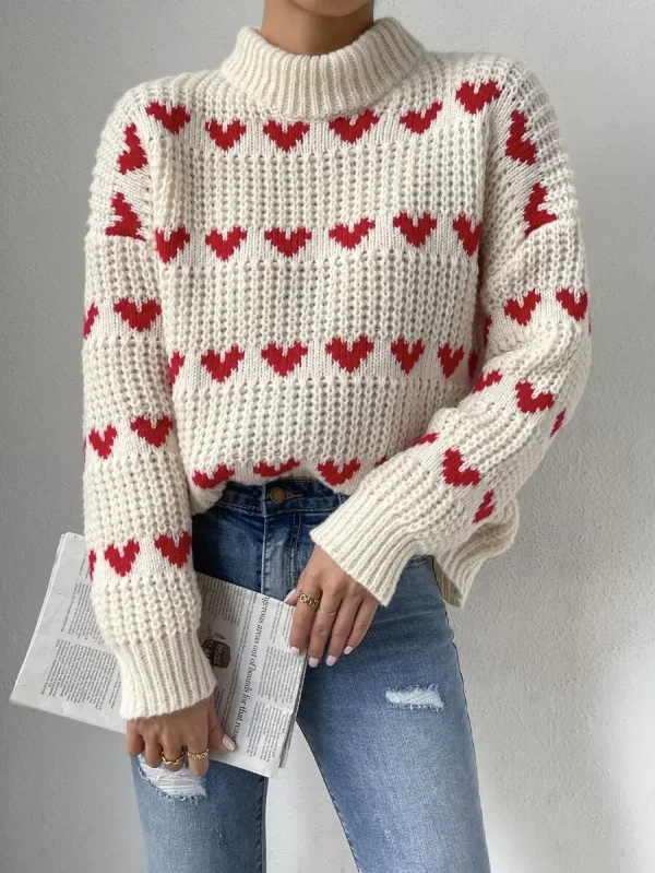 Flirla Heart Pattern Drop Shoulder Sweater,Long Sleeve Tops