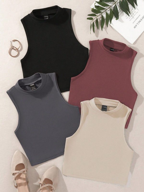 4pcs Solid Mock Neck Ribbed Knit Tank Top