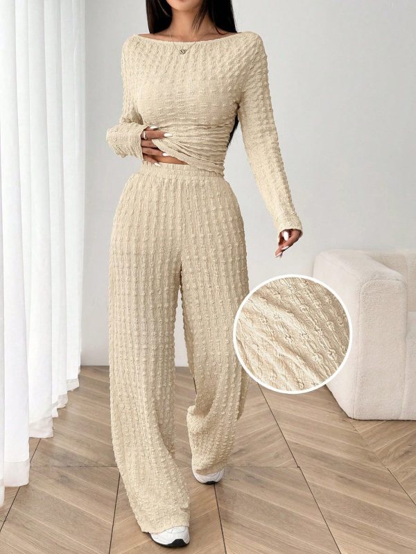Khaki Knitted Off Shoulder Top & Pants For Women