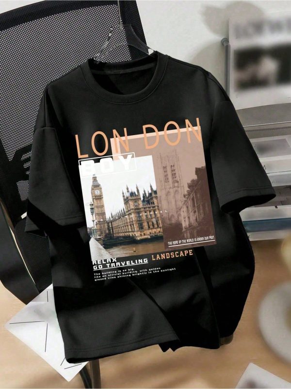 365T Tween Boys' Casual Simple Scenery And Slogan Print Short Sleeve Round Neck T-Shirt, Suitable For Summer~High Street Graffiti T-Shirt---3513