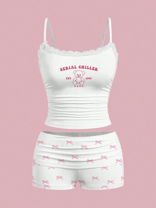 2pcs/Set Women's Cute Bear & Bow Lace Detail Cami Top And Ruched Shorts Set, Summer,Summer Sets