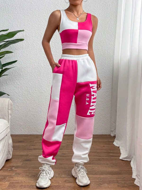 Colorblock Letter Graphic Crop Tank Top & Sweatpants