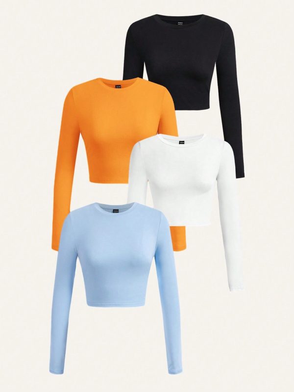 4pcs Simple Round Neck Long Sleeve Cropped Slim Fit T-Shirts For Women, Suitable For Autumn And Winter