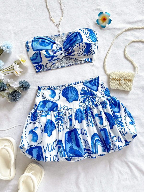 Women's Holiday Blue & White Nautical Print Ruffle Skirt And Twist Front Top 2 Pieces Set