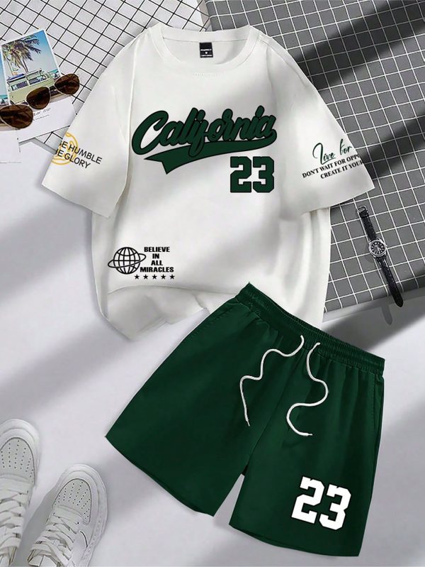 2pcs/Set Men's Letter Print Crew Neck Short Sleeve Casual T-Shirt And Drawstring Waist Shorts Set