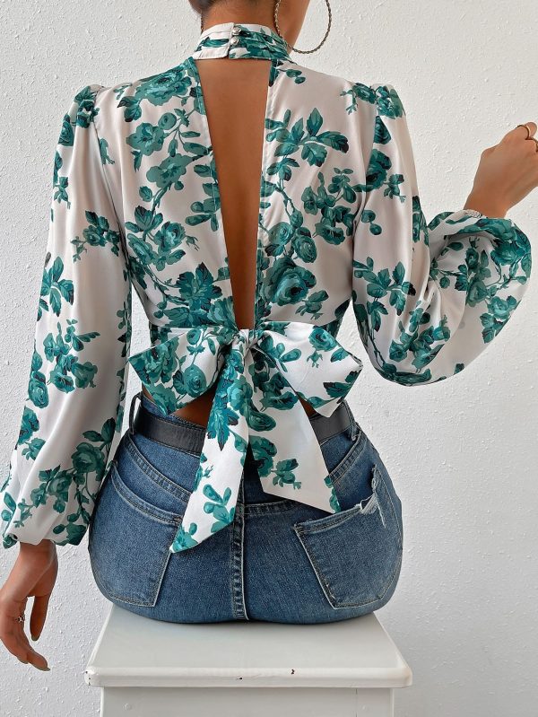 Spring Break Floral Print Tie Backless Bishop Sleeve Crop Blouse