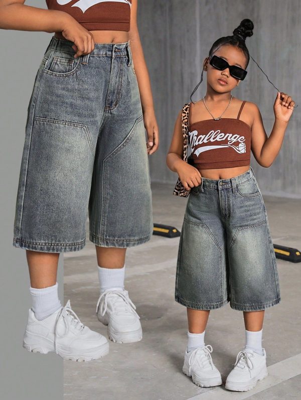 SLAYR KIDS Tween Girls Y2K 2000s Retro Washed Baggy Causal Denim Wide Leg Knee Length Jeans Shorts,Girls Fall Clothes Back To School Streetwear Outfits