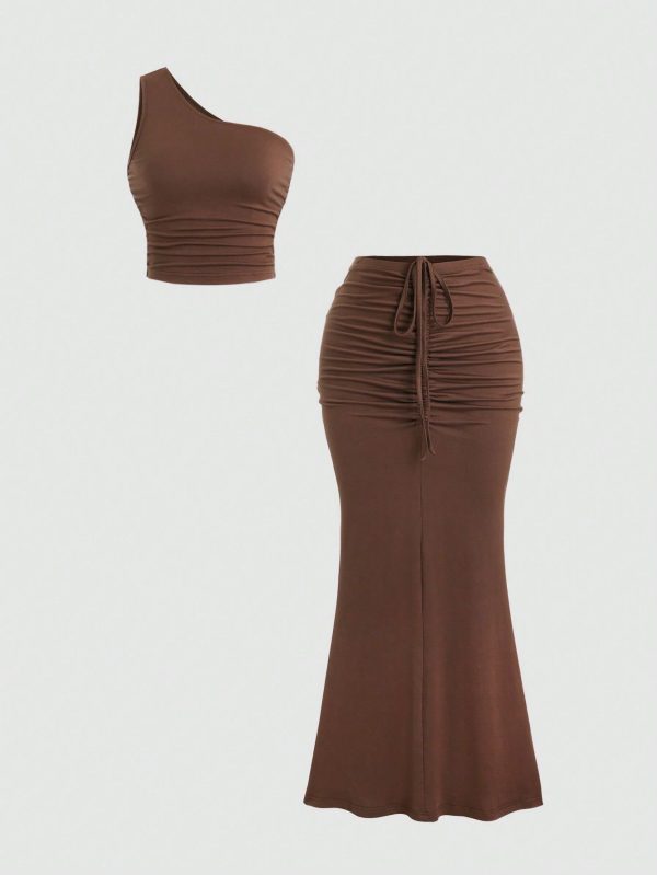 Solid Color Asymmetrical Neckline Pleated Top And Drawstring Waist Skirt Summer Outfits Y2K Outfit