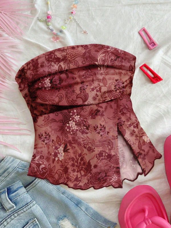 Casual Beach Style Red Paisley Cashew Retro Print Pattern Women's Vacation Cropped Asymmetrical Hem Tube Top, Suitable For Summer And Music Festivals
